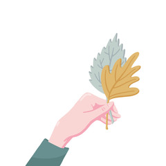 Side view flat cartoon style vector illustration of human hand holding two fall, autumn leaves of birch and maple isolated on white background. Female hand holding two fall, autumn leaves