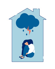 Domestic Violence against women concept. Sad teenage girl sits alone at home under rainy stormy cloud, hugging her knees and crying. Abused woman embraces her body in pain. Flat vector illustration