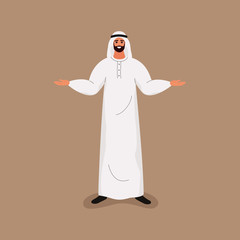 Arab handsome bearded man in traditional white clothes standing with open arms. Vector illustration in cartoon style