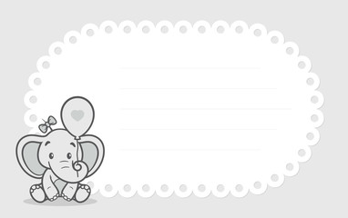 Vector template, baby invitation card with cartoon little dino. Grey background.