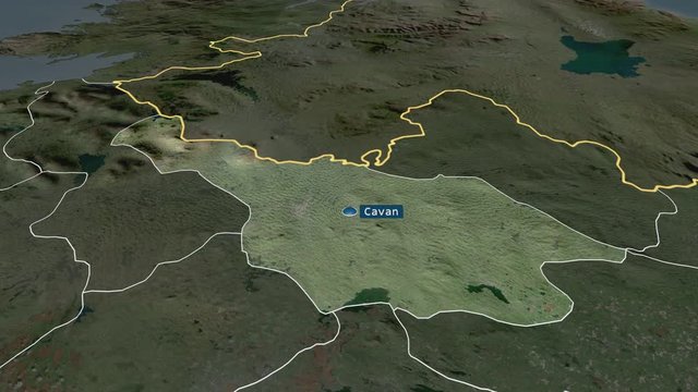 Cavan - county of Ireland with its capital zoomed on the satellite map of the globe. Animation 3D