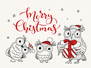 Christmas greeting card with cartoon owls and Merry Christmas lettering.