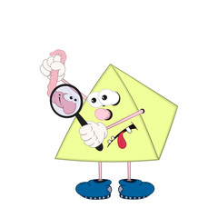 A funny cartoon pyramid with eyes, arms and legs in shoes holds an earthworm in his hand and examines it through a magnifying glass.
