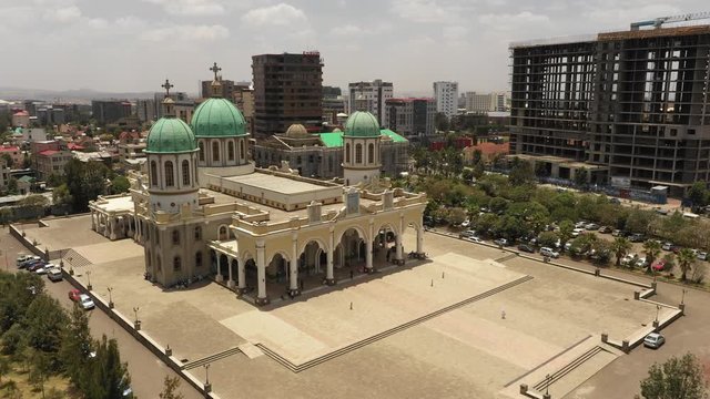 Aerial view flying around Medhane Alem church (cathedral) in Bole district in Addis Ababa, religion and architecture in Ethiopia