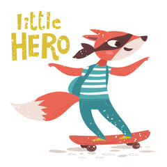 Vector card with Little hero lettering and fox character.