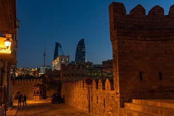 Baku, Azerbaijan  August 19, 2019 Night streets of the Icheri Sheher historic center