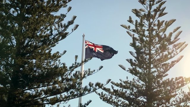 Australian flag waving in the wind amongst tall trees with an orange glowing sun, Toowoomba Queensland