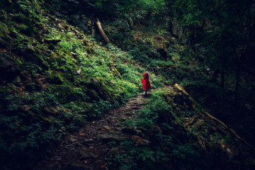 Kleines Kind mit roter Jacke läuft durch einen dunklen Wald