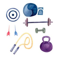 Watercolor illustration on the theme of sports. Set of images of sports equipment.