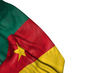 Fototapeta premium nice Cameroon flag with big folds lie in bottom left corner isolated on white - any occasion flag 3d illustration..