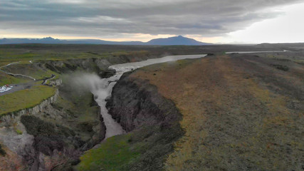 Aerial view of Gullfoss majestic natural waterfalls in Southern Iceland