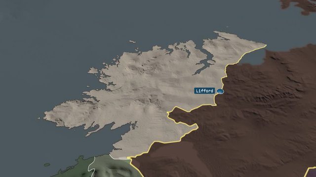 Donegal - county of Ireland with its capital zoomed on the administrative map of the globe. Animation 3D