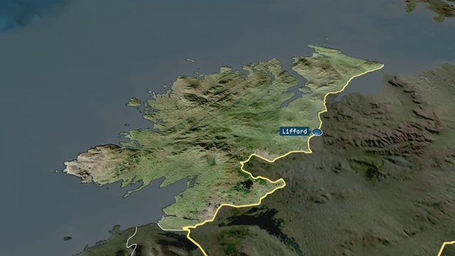 Donegal - county of Ireland with its capital zoomed on the satellite map of the globe. Animation 3D