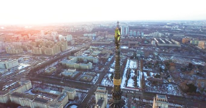 Aerial drone shot of the famous structure of Moscow State University, Russia during twilight