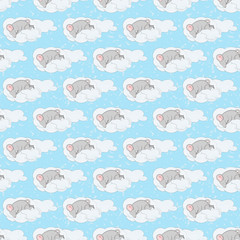 Modèle sans couture avec rat dormant sur un nuage sur fond de texture bleu. Petite souris grise mignonne avec de grandes oreilles. Conception pour une chambre d& 39 enfant, un pyjama ou une literie.