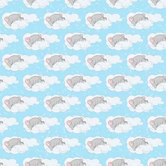 Tapeten Nahtloses Muster mit der Ratte, die auf einer Wolke auf blauem strukturellem Hintergrund schläft. Kleine süße graue Maus mit großen Ohren. Design für ein Kinderzimmer, Pyjama oder Bettwäsche. © Litvinova Victori