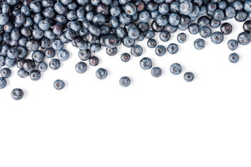 Ripe blueberries isolated on white table. Top view