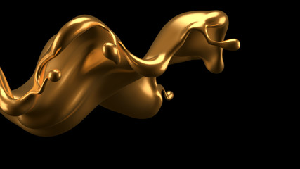 Luxury elegant splash liquid gold. 3d illustration, 3d rendering.