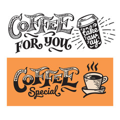 Set Poster lettering Special coffee for you take away. In vintage style