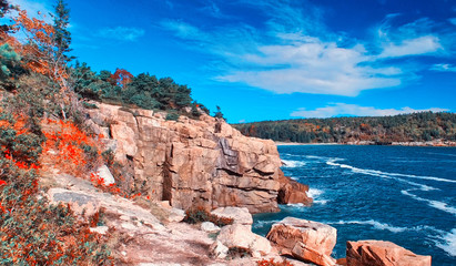 Acadia National Park from a high viewpoint in foliage season, Maine, New England