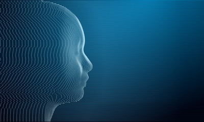 Side view of dotted face with scanlines background