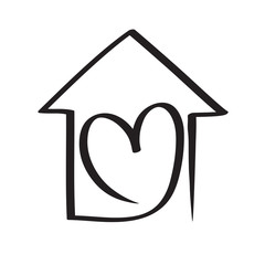 Simple Calligraphy House with heart. Real Vector Icon. Consept comfort and protection. Architecture Construction for design. Art home vintage hand drawn Logo element