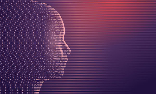 Side view of dotted face with scanlines background