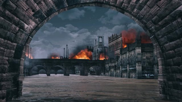 Low angle view from under the bridge arch to burning building ruins of destroyed after war old european city at night. With no people historical military 3D animation rendered in 4K