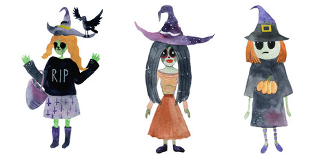 Set of hand-drawn halloween elements painted in watercolor. 