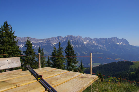 Nordic Walking break on a resting place with a beautiful panorama view in Kaiser Mountains (Wilder Kaiser), Tyrol - Austria
