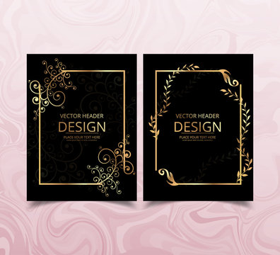 Brochure with golden patterns and flowers in vintage style on a dark background .Vector illustration