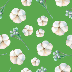 Seamless watercolor pattern of cotton and brunia on green background.