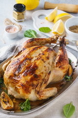Homemade roasted stuffed Thanksgiving day turkey or chicken.