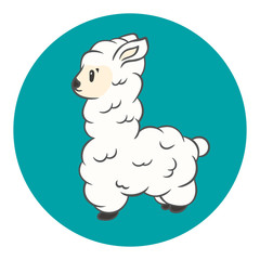 Cute cartoon lama alpaca on a green background, vector soft animal image. Illustration design for cards, posters, t-shirts, sticker, invitations, fabric textile. Llama isolated modern trendy style.