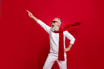 Santa character aged man shouting congratulations to everybody wear warm clothes isolated red...