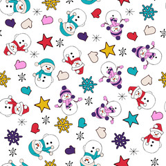 Christmas seamless pattern with snowman, fir trees and snowflakes. Perfect for wallpaper, wrapping paper, pattern fills, winter greetings, web page background