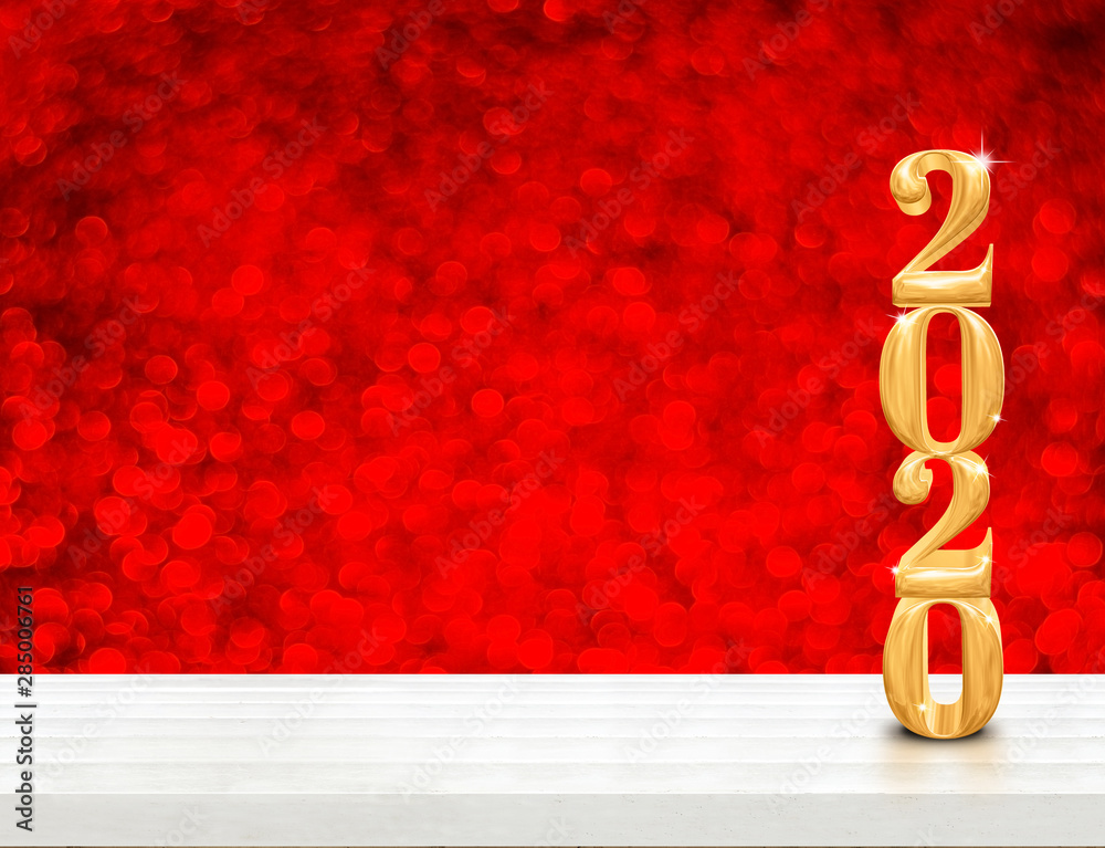 Poster 2020 happy new year wood (3d rendering) on white wood table with sparkling gold bokeh wall,leave spa