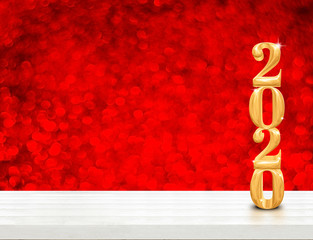 2020 happy new year wood (3d rendering) on white wood table with sparkling gold bokeh wall,leave space for display or montage of design or content