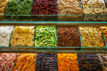 Istanbul, Turkey, Various of traditional Turkish delicious sweets in the Egyptian spicy market and the Grand Bazaar with rahat lukum in counter.