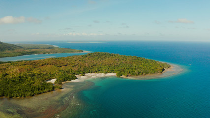 Seascape: shore of island Balabac with forest and palm trees, coral reef with turquoise water, top view. Coastline of tropical island covered with green forest against the blue sky with clouds and