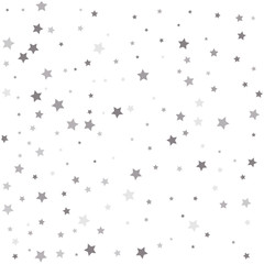 Confetti cover from silver stars. Christmas and New Year card, invitation, postcard, paper packaging.