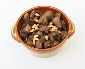 Beef meat cubes with pine in a bowl , Diced veal in a bowl isolated on white background