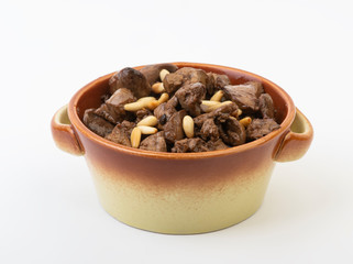 Beef meat cubes with pine in a bowl , Diced veal in a bowl isolated on white background