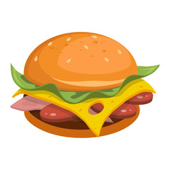 Hamburger. Fast Food. Tasty Street Food. Fresh Fast Food Product. Delicious Hamburger With Cheese. Fast Meal Diet. Big Best Hamburger. Fresh Hot Meal. Not Healthy Food. Vector graphics to design.
