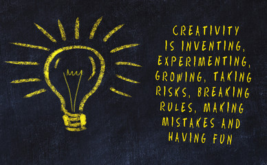 Chalk drawing of bulb and inscription about art and creativity