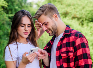 Do not peep. Buy online. Internet dependence. Guy and girl nature smartphone. She always online....