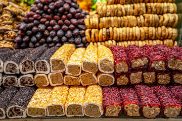 Istanbul, Turkey, Various of traditional Turkish delicious sweets in the Egyptian spicy market and the Grand Bazaar with rahat lukum in counter.
