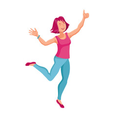 Jumping or Dancing Woman. Cartoon character. Party People. Cheerful jumping Woman. Smiling Happy Human Face.Fashion Jumping Woman. Different emotions. Dancing Woman.Vector graphics to design.