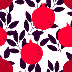 Tropical seamless pattern with red pomegranates. Vector bright print for fabric or wallpaper.