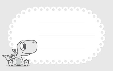 Vector template, baby invitation card with cartoon little dino. Grey background.